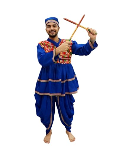 Image of BookMyCostume Blue Gujarati Kedia With A Pair of Dandiya Sticks Combo - Traditional Outfit for Navratri & Festivals | Gujarat Fancy Dress Costume For Kids & Adults 12-13 Years