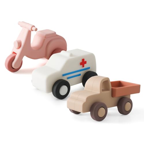 Etucdose ミニカー 救急車 バイク おもちゃ 3点セット 柔らかい シリコン ピンク 乗り物おもちゃ 知育玩具 2歳 3歳 赤ちゃん 0歳〜1歳 新生児贈り物 プレゼント 男の子 女の子