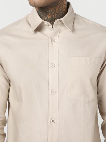 Image of Bewakoof Mens Solid Regular Fit Full Sleeve Collar Cotton Linen Blend Shirt