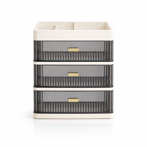 Image of HoopVool Desk Makeup Organizer, Plastic Storage Box with Sliding Drawer, Stylish Display Case for Cosmetics, Lotion, Nail Polish,Brushes,and Jewelry (3 - Layer, Cream)