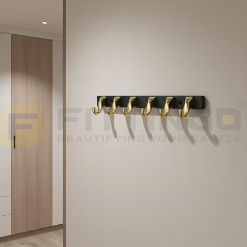 Image of 6 Hook Modern Bathroom Hooks for Hanging /Cloth Hooks for Door Back Side /Cloth Hanger for Wall (Gold with Black) Pack of 2-| 3 Years Warranty |