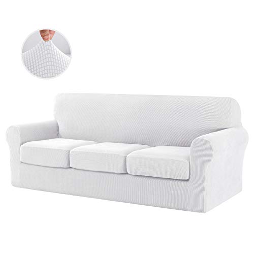 CHUN YI Elástica Funda de sofá Fundas de cojín separadas, Tela de Jacquard de Cuadros Spandex, Abrigo de Repuesto para Ektorp Universal Sleeper (3 Plazas, Blanco)