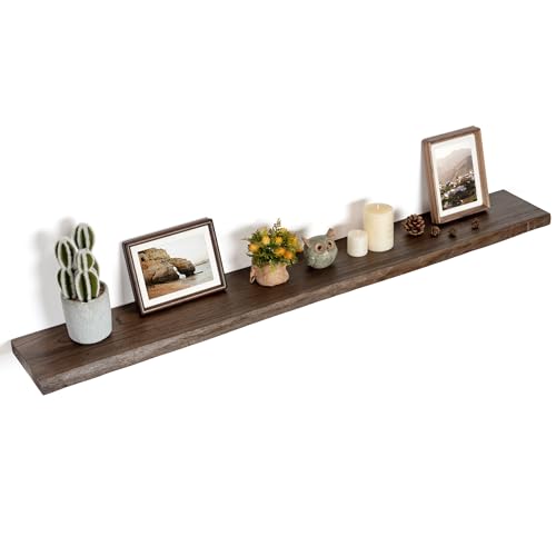 Image of FLYJOE Floating Shelves for Wall Decor, Rustic Solid Elm Wood Live Edge Floating Shelves Wall Mounted, Wall Shelves with Invisible Bracket for Living Room Bathroom Bedroom Kitchen, 55 Inch, Walnut