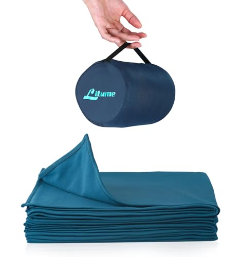 Litume Manta de Viaje Ligera y Transpirable, 170 x 122 cm Suave Manta de avión para viajeros, sábana de Camping Plegable con Saco de Cosas para Tren, Campamento, Viajes (Vellón(Verde Azulado))