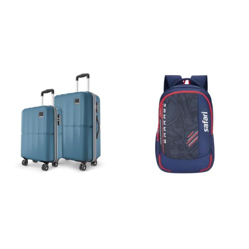 Image of Safari Genius Theo 8 Wheels Set of 2 (Cabin + Medium) Trolley Bags, Hard Case Polycarbonate, 360 + Torque 37L Casual Printed Backpack, 3 compartments, Bottle Holder, Front Pocket, School Bag