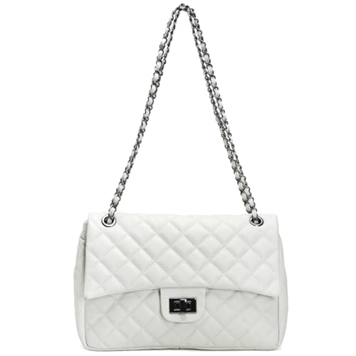 Bolsa Feminina Couro Legitimo Matelassê Grande (Off White c/Grafite, Grande)