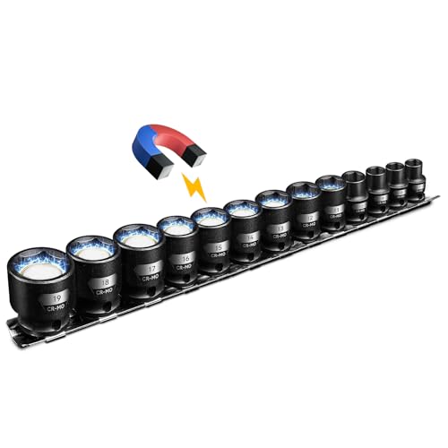 BLACKROBOT 3/8 Drive Magnetic Impact Socket Set 13-Piece Shallow Socket Set with Storage Rail Metric Size 7mm-19mm 6 Point Magnetic Sockets Cr-Mo Steel