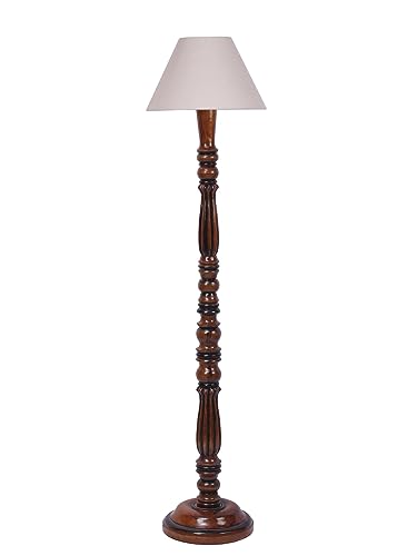 Image of Floor Lamp with Wooden Base - Height 55 inch, Grey | Modern Standing Lamp for Living Room, Bedroom & Office | Stylish & Elegant Home Lighting Decor | Tall Decorative Lamp