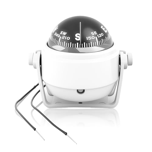 Boat Compass with Magnetic Declination Adjustment, Pivoting Marine Compass Multifunction Digital Navigation Dashboard LED Illumination & Backlight for Marine Boat Truck Car (White, Small)