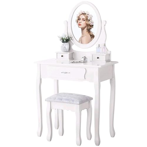Tocador con espejo ovalado taburete acolchado