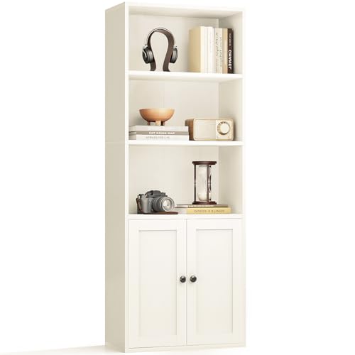 Coleshome Bücherregal mit 5 Ebenen, Regal mit Türen und Schrank, Standregal zur Aufbewahrung und Präsentation für Wohnzimmer, Büro, Schlafzimmer, Weiß, 48 x 24 x 147.2