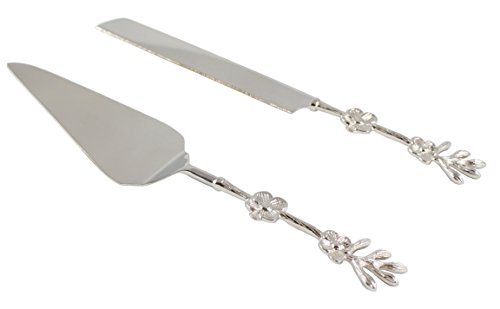 Server Set, Cake, Pie, Desert Flatware Set, Flower design, 2-piece 18/10 Stainless steel with brass handles (light antique silver finish)