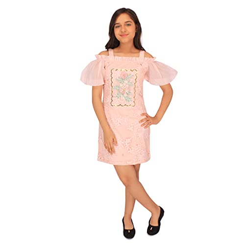 Image of Cutecumber Girls Organza Embroidered Cold Shoulder Shift Cream Dress.CC7065D-CREAM