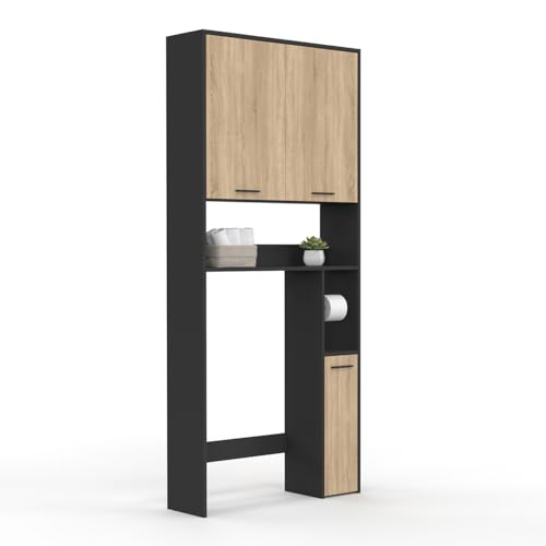 IDMarket - Meuble étagère Dessus WC Wallis Noir et Bois façon hêtre