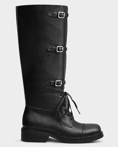 MUCCCUTE Knee High Boots Women Moto Boots Tall Square Toe Slip On Chunky Low Heel Biker Riding Boots Fashion2
