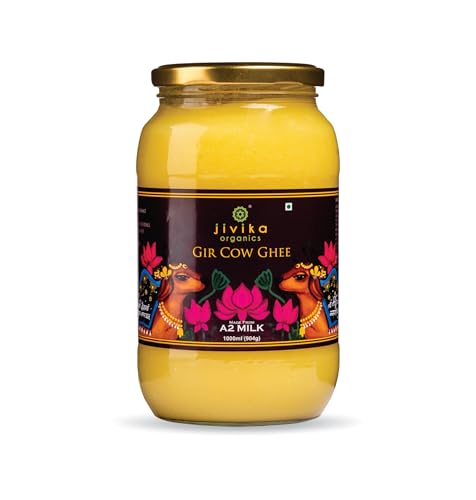 JIVIKA NATURALS Premium A2 Gir Cow Ghee 1Ltr|A2 Milk Tested|Vedic Bilona Method|Lab Tested|Pure Desi Cow Ghee|Hand Churned Two-Way Direction|Churned From Curd|Pure Ghee|Danedar|Glass Jar,1.1 Kilograms