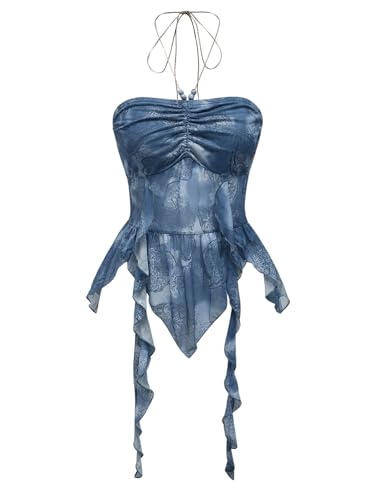 GORGLITTER Women's Halter Crop Y2k Tube Tops Asymmetrical Ruffle Hem Backless Cami（Runs Small, Please Size Up）