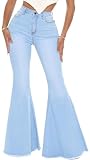 Women's Plus Size Bell Bottom Jeans Elastic High Waisted Flared Jeans 70s Vintage Skinny Classic Raw Hem Wide Leg Denim Pants(Trendy Light Blue,Small)