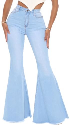 Women's Plus Size Bell Bottom Jeans Elastic High Waisted Flared Jeans 70s Vintage Skinny Classic Raw Hem Wide Leg Denim Pants(Trendy Light Blue,Small)