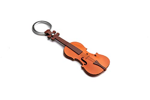 Porte-clés violon cuir marron fil ciré anneau métal pour sac de musique