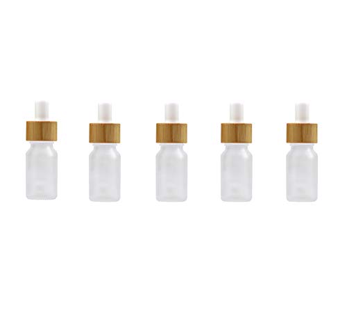 Frosted Glass Dropper Bottle, Refillable Glass Essential Oils Bottles With Eye Dropper&Bamboo Lids White Rubber Head Travel Cosmetic Storage Container Pot Holder,5pcs (10ML)