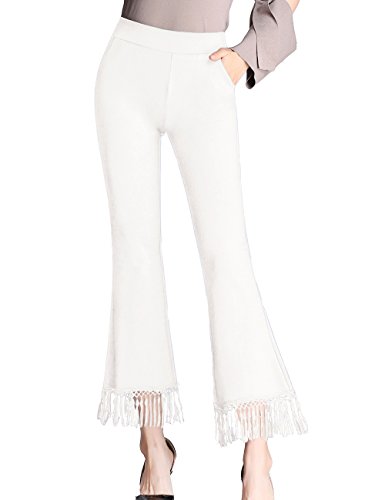 Rexcyril Women's Bell Bottom High Waist Flare Fringe Pants Stretch Cropped Capri Pants, XX-Large(20), White