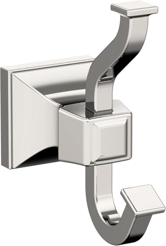 Image of Amerock Mulholland Double Prong Polished Nickel Wall-Mounted Hook | Decorative wall hook in durable zinc construction for coats, hats, bags, towels, and everyday organization