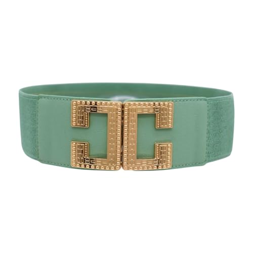 Generic Women Mint Blue Elastic Fashion Belt - Hip High Waist Wide Band Gold Metal C Buckle Size S M z104