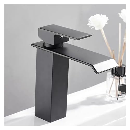Grifo cuadrado moderno de cascada para lavabo sobre el mostrador, color negro mate, grifo de agua fría y caliente