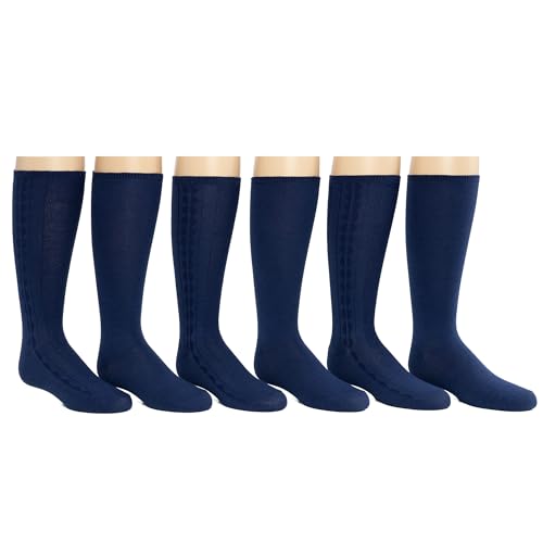 Legwear Essentials Girls 6 Pack Unisex Soft Uniform Cable Dress Knee High Socks Comfort Seam Toe White or Navy Small to Large