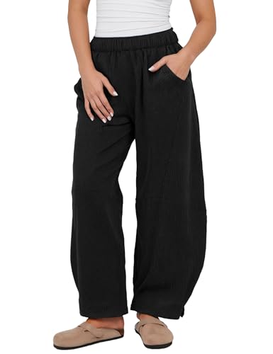 Athlisan Womens Corduroy Pants Wide Leg Cropped Barrel Baggy Elastic Waist Trousers with Pockets