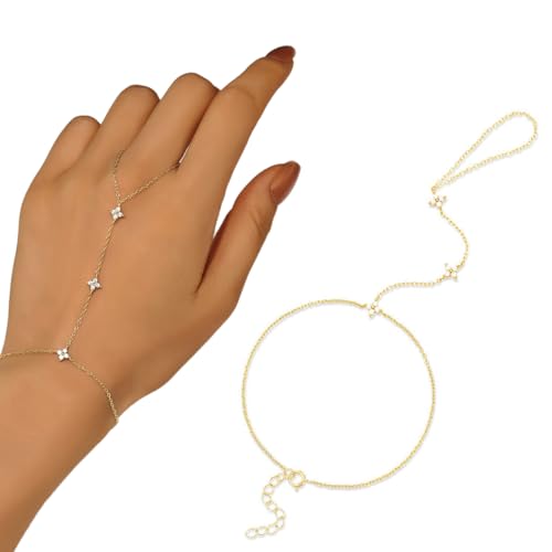 ZORVYN 1 pieza Pulsera de cadena de mano dorada, pulsera con anillo conectado, pulseras verano, anillo de dedo chapado en oro, joyería de mano de moda para mujeres