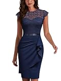 MIUSOL Women's Vintage Lace Cap Sleeve Cocktail Party Formal Wedding Guest Work Bodycon Dress (Large, Navy Blue)
