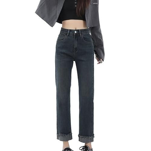 Jean large vintage à taille haute élastique pour femme au style décontracté chic