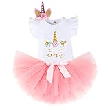 Adorable traje de cumpleaños dorado brillante: conjunto de ropa de 3 piezas de unicornio para bebé niña, incluido un mameluco blanco con estampado de una letra, vestidos de falda de tutú, el paquete viene con accesorios para el cabello con diadema de flores de unicornio. Los más lindos trajes de cumpleaños para niñas, accesorios para fotos durante 12 meses, bebé recién nacido de 18 meses