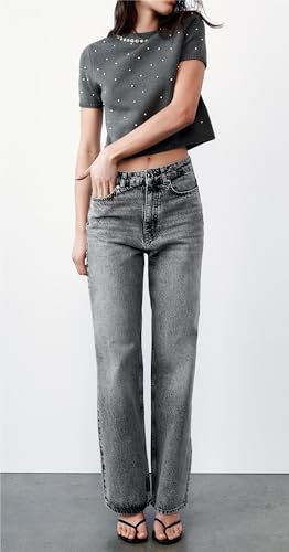 LifeShe Women's Short Sleeve Pearls Sweater Casual Crew Neck Crop Rhinestones Knit Pullover Sweaters3