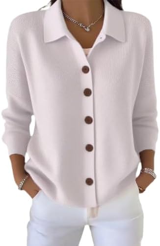 BFDSGWQ Button Up Cardigan for Women, Long Sleeve Lapel Collared Knit Tops, Lightweight Relaxed Fit Casual Sweater (White,Medium)