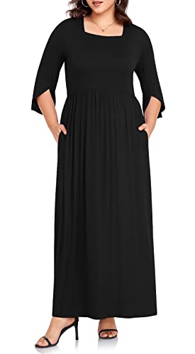 TAOHUADAO Women's Summer Plus Size Dresses Square Neck Ruffle 3/4 Sleeve Casual Maxi Dress