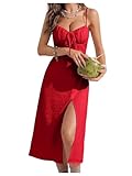 MakeMeChic Women's Tie Back Summer Dress Sleeveless Split Thigh Spaghetti Strap Midi Cami Dress Red Large