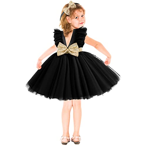 Klfflgid Baby Girl Sequins Bowknot Dress Toddler Flutter Sleeve Tutu Dress Flower Girl Wedding Party Dresses Tutu Gown Size 80 (Black) #TOP4