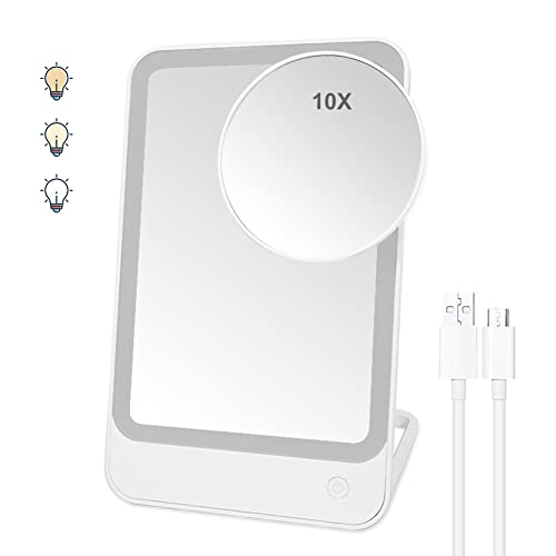 Makeup Mirror with Lights and Magnification 10X, AMAVBTG Travel Mirror with 3Color Light, Portable Magnifying Mirror with 1200mAh Rechargeable Battery Touch Screen (White)