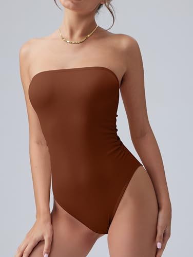 Image of OQQ Womens Tube Bodysuits Strapless Basic Sleeveless Ruched Stretch Classic-Fit Tops Sexy Bodysuits