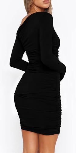 ELFIN Damen Bodycon Kleid Gerippt Langarm Minikleid Sexy One Off Shoulder Geraffte Kleider Kurzes Cocktail Party Club Kleid Herbst Freizeitkleid (L, Schwarz)