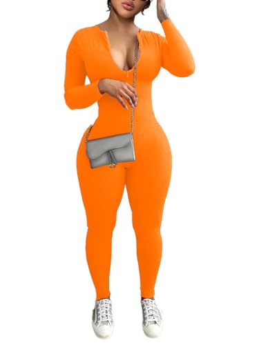 YeGine Women Long Sleeve Bodycon Jumpsuit Sexy Rompers One Piece Zip Up jumpsuits Orange L