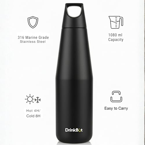 Image of Myst 1080ml 1 Litre Insulated Steel Water Bottle | 316 Marine Grade Stainless Steel | Vacuum Hot & Cold 24H /12H | Leakproof Matte Steel Water Bottle for Office, Gym & Travel (Black)