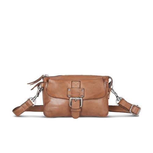 Cas8 Handtasche DANY kleine Damen Umhängetasche aus Leder als Gürteltasche tragbar 3 Fächer mit Reißverschluss für perfekte Organisation cognac