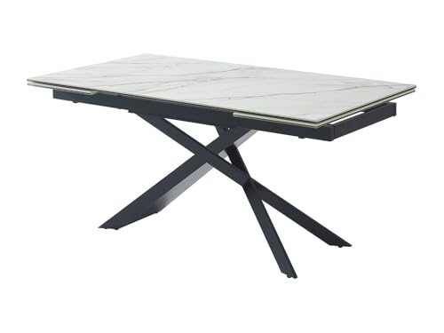 Vente-unique-Table à Manger Extensible 6 à 10 Personnes en céramique, Verre trempé et métal - Effet marbre Blanc et Noir - LUMIEL de Maison Céphy