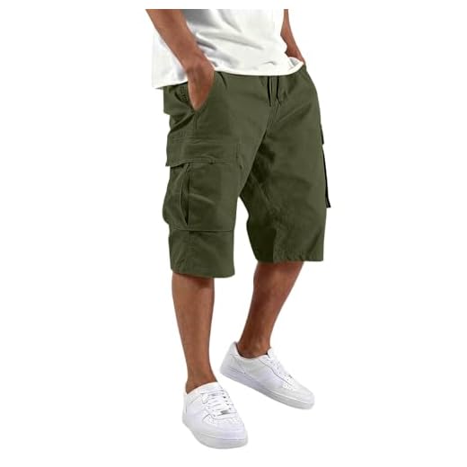 Cargo Shorts Homme Sport Bermudas Élastique Militaire Pantacourt Été Léger Court Randonnée Chantier Travail Cordon Serrage Taille Multi-poches Utilitaires Décontractés Jeunes,Armée Verte,XXL