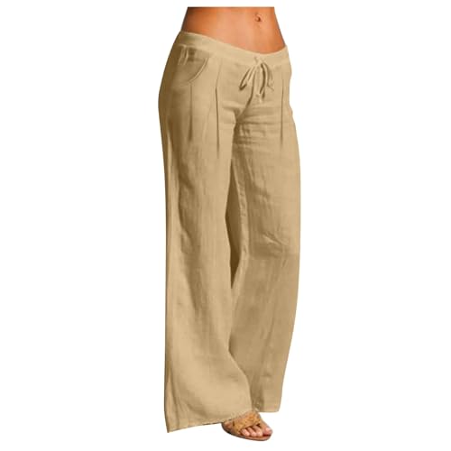 Pantalones de Lino Mujer,Algodón y Lino Pantalones Mujer Primavera Verano Cintura Elástica con Cordón Pantalon Chandal de Pierna Ancha Rectos Cómodo Transpirable Pantalón Largo de Playa