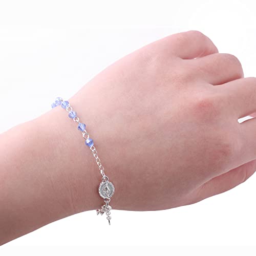 Luomu 4Mm Faceted Crystal Beads Rosary Bracelet With Silver Plated Mirauclous Medal With Small Crucifix With Gift Box For Girl And Women (Pink) #TOP4